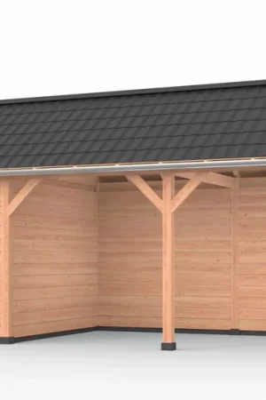 Douglas overkapping zadeldak, 750 x 300, met schuur en achterwand, Westwood DIY Favoriet